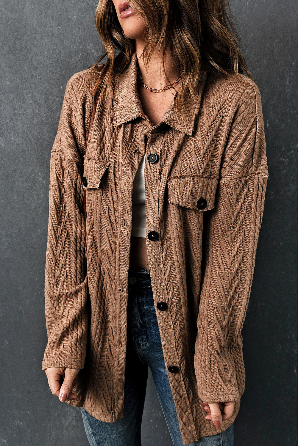 Shacket for Women Oversize Textured Knitted Button