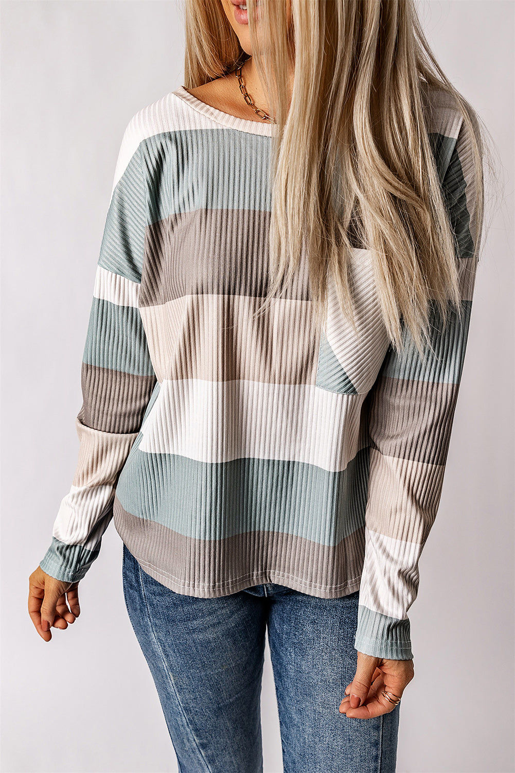 Women's Top with Color-Block Rib-Knitted Long-Sleeve