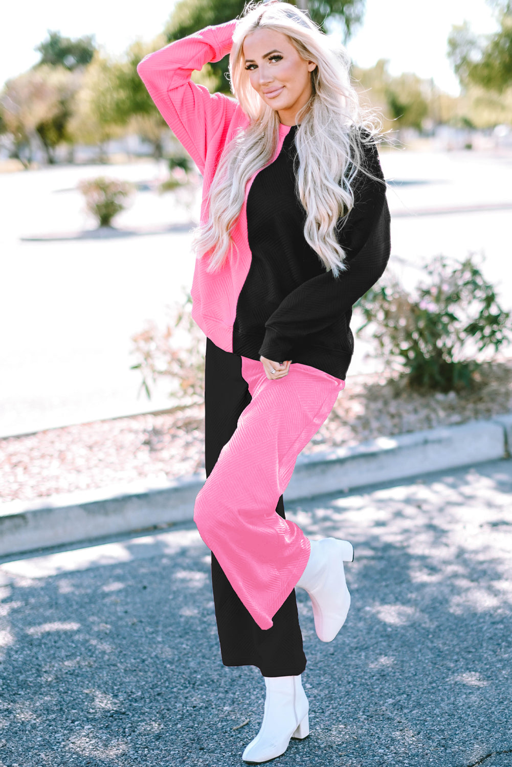 Women's Textured Everyday 2-Piece Contrast Color-Block Outfit