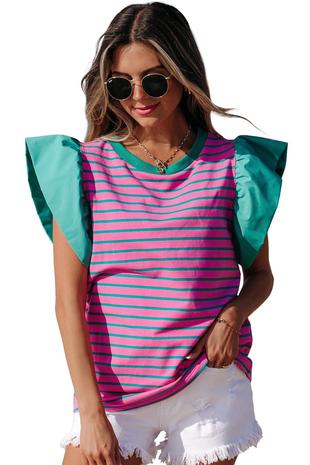 Pink Stripe Colorblock Ruffled Sleeve Blouse