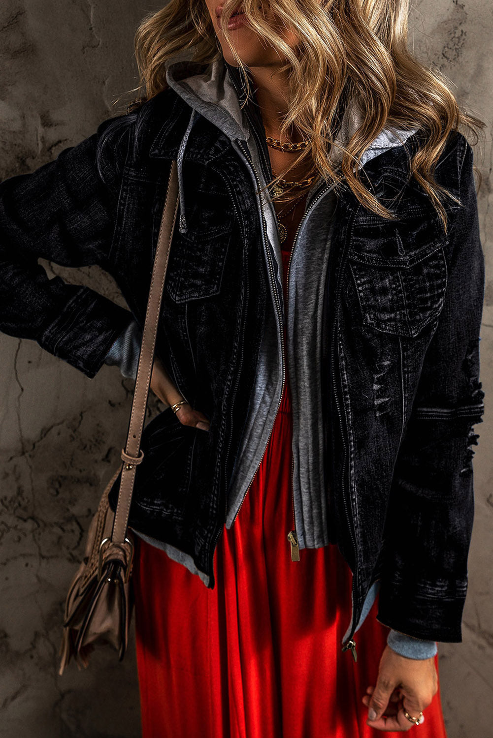 Denim Jacket for Women Hooded Zip-Front