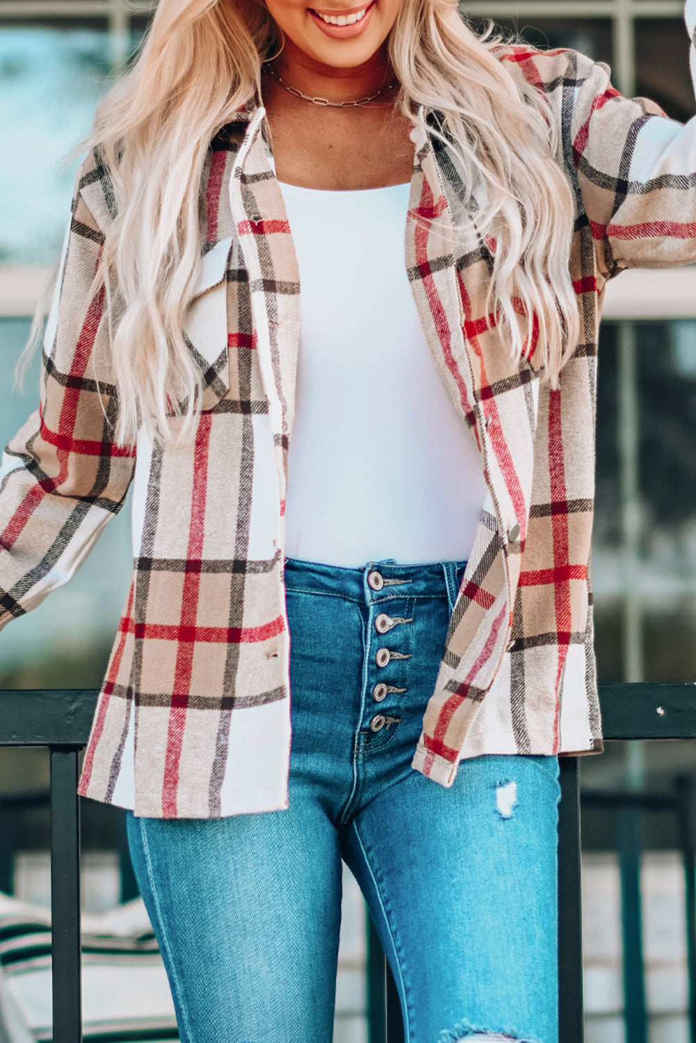 Women's Coat with Button-Front Shirt Plaid Print