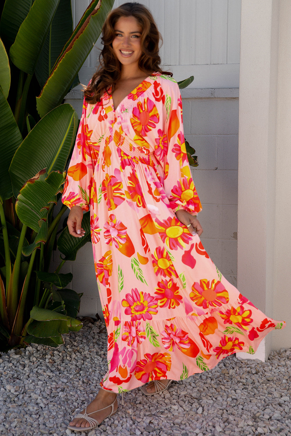Floral-Print Smocked Detail V-Neck Puff Sleeve Flowy Maxi Dress