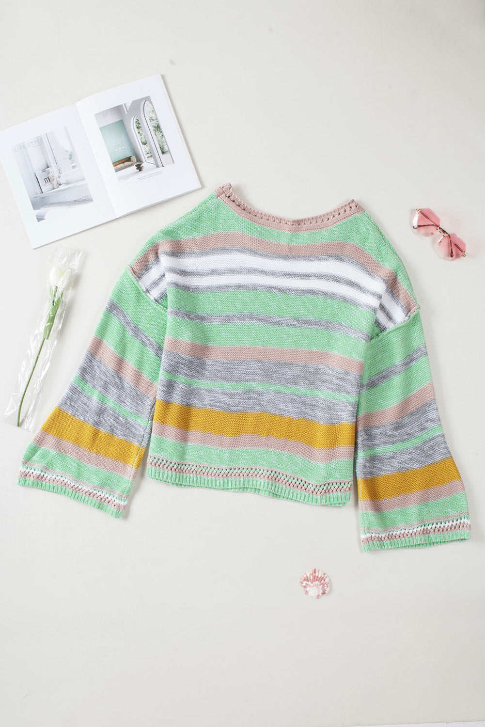Women's Sweater Featuring Striped Bell Sleeves Loose