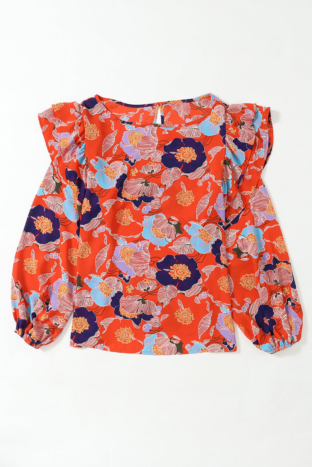 Women's Blouse Featuring Ruffle-Trimmed Balloon Sleeve Floral-Print Print