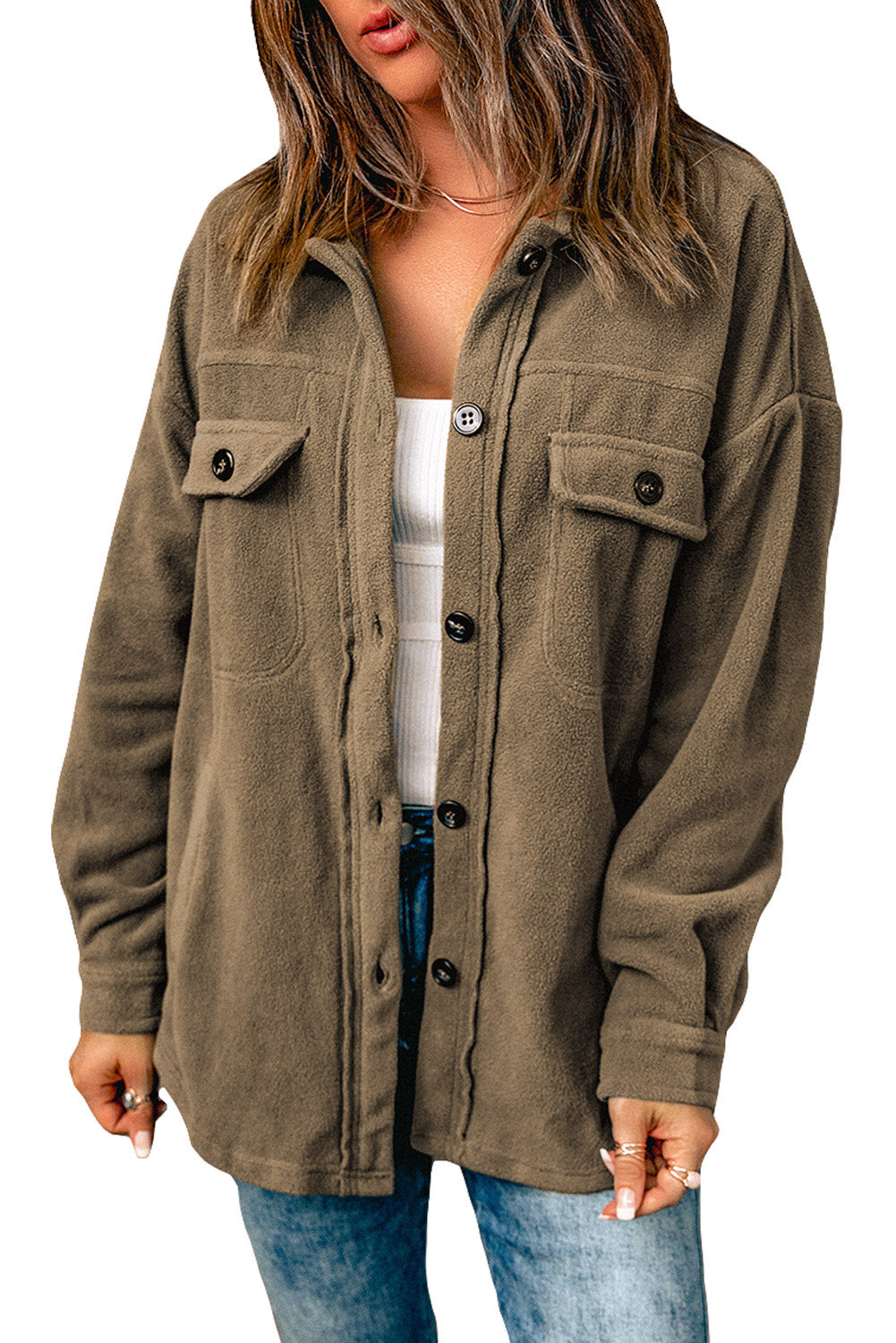 Women's Shirt Jacket Featuring Turn Collar Button-Front