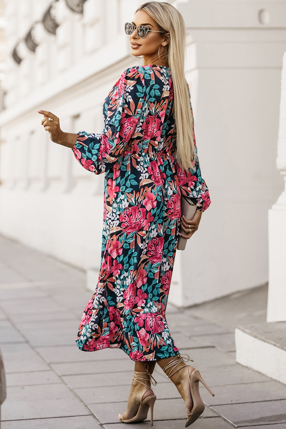 Women's Elastic High-Rise Split Floral-Print V Neck Dress
