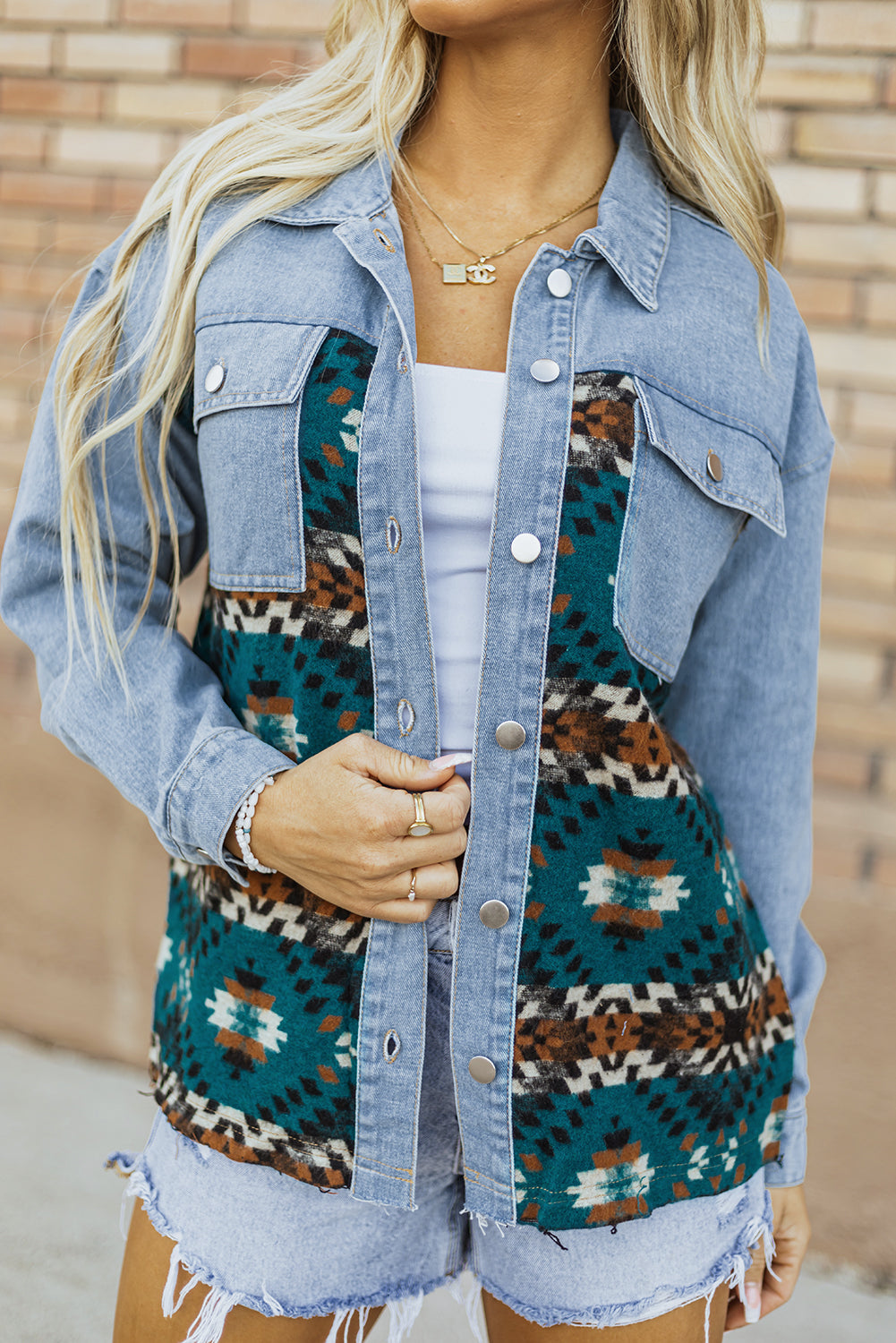 Denim Jacket with Aztec Patterned