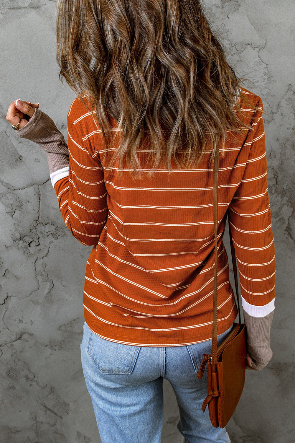 Women's Pullover with Striped Extend Cuffs Rib-Knitted