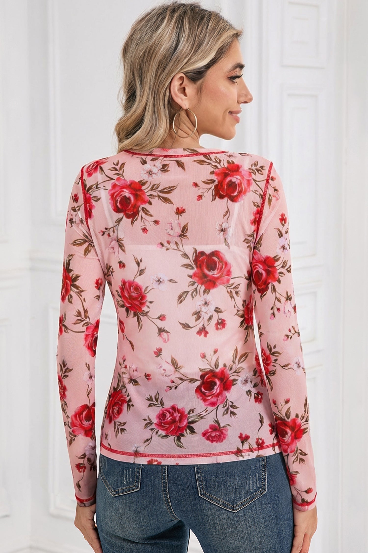 Floral-Print Detail Exposed Seam Mesh Long-Sleeved Top in Pink