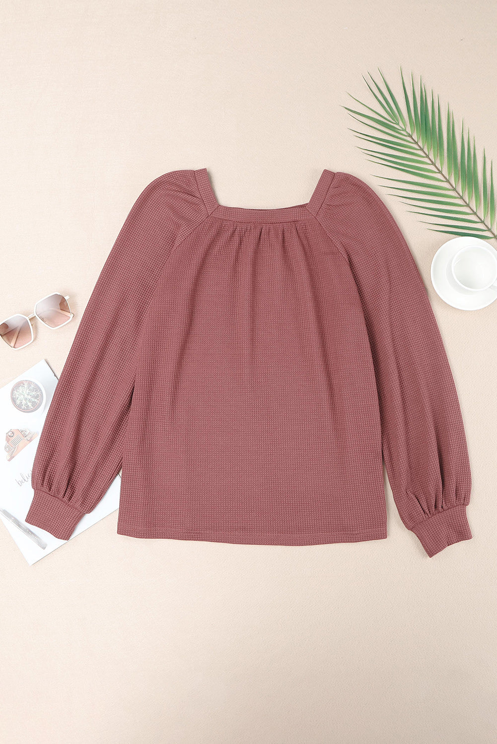 Women's Knit Top with Waffle Balloon Sleeve