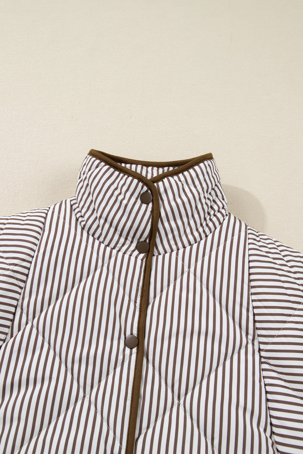 Stripe Hem Quilted Wavy Snap Button Plus Size Vest in Brown