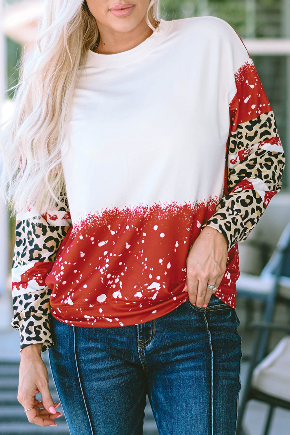 Women's Top with Tie-Dye Leopard-Print Long-Sleeve