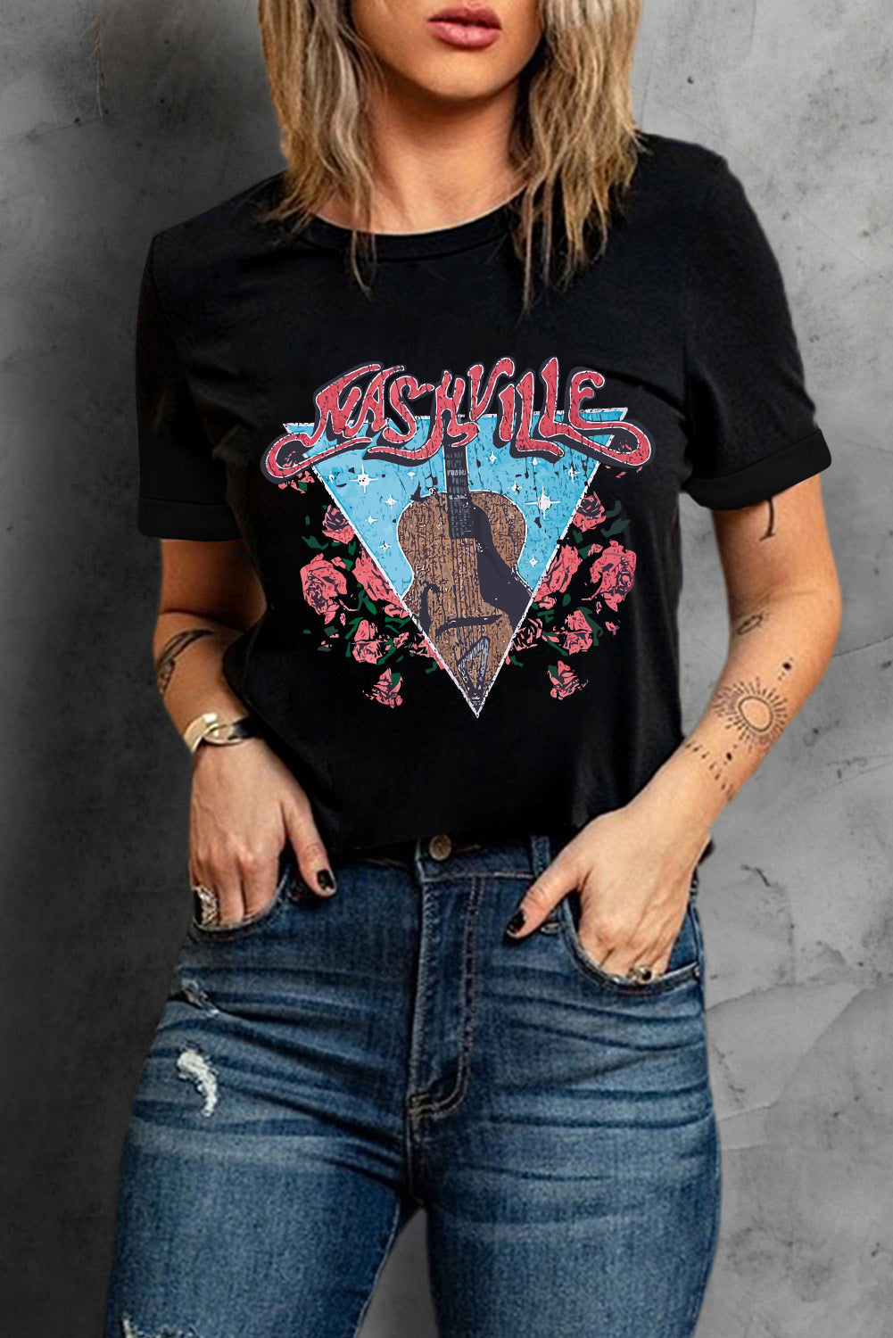 Women's T Shirt with Letter Graphic-Print Guitar Flower