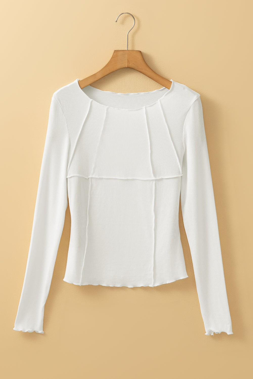 Exposed Seam Rib-Knit Knit Slim Fit Long-Sleeved Top in White