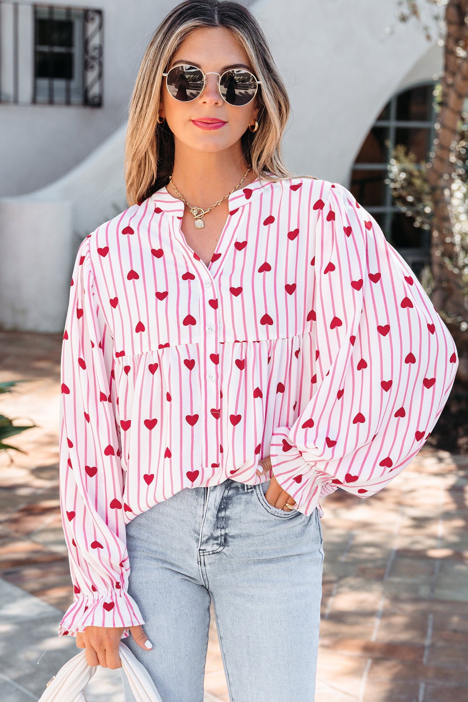 Stripe Long Heart Print Flounce Sleeve Shirt in Pink