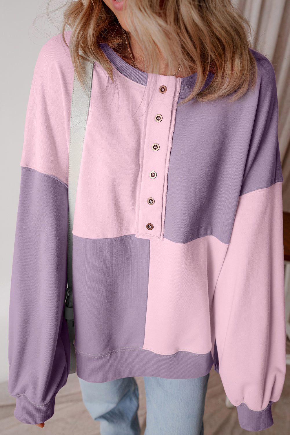 Colorblock Henley High Low Oversize Sweatshirt Style