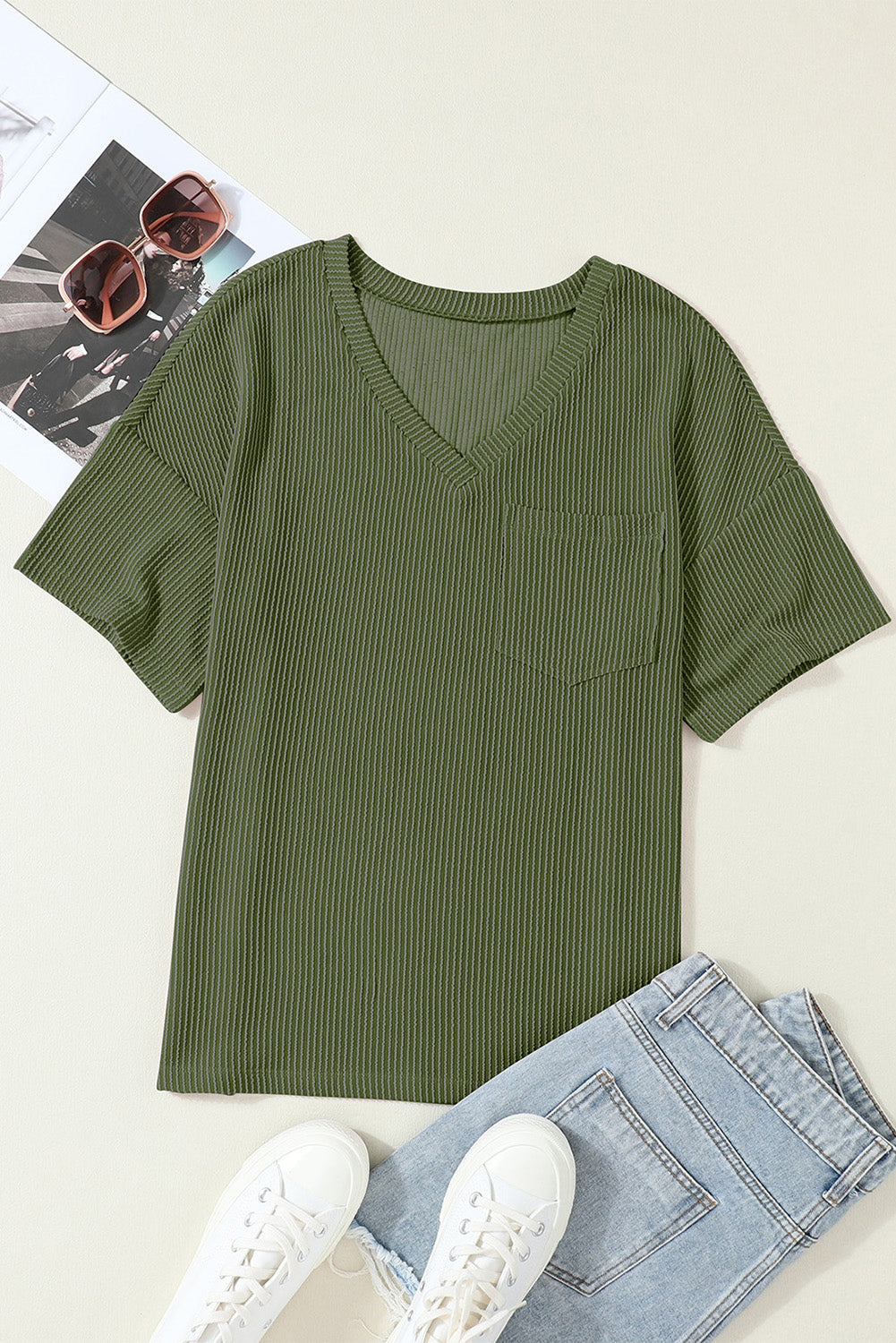 Corded Pocket V-Neck Chest Loose T-shirt