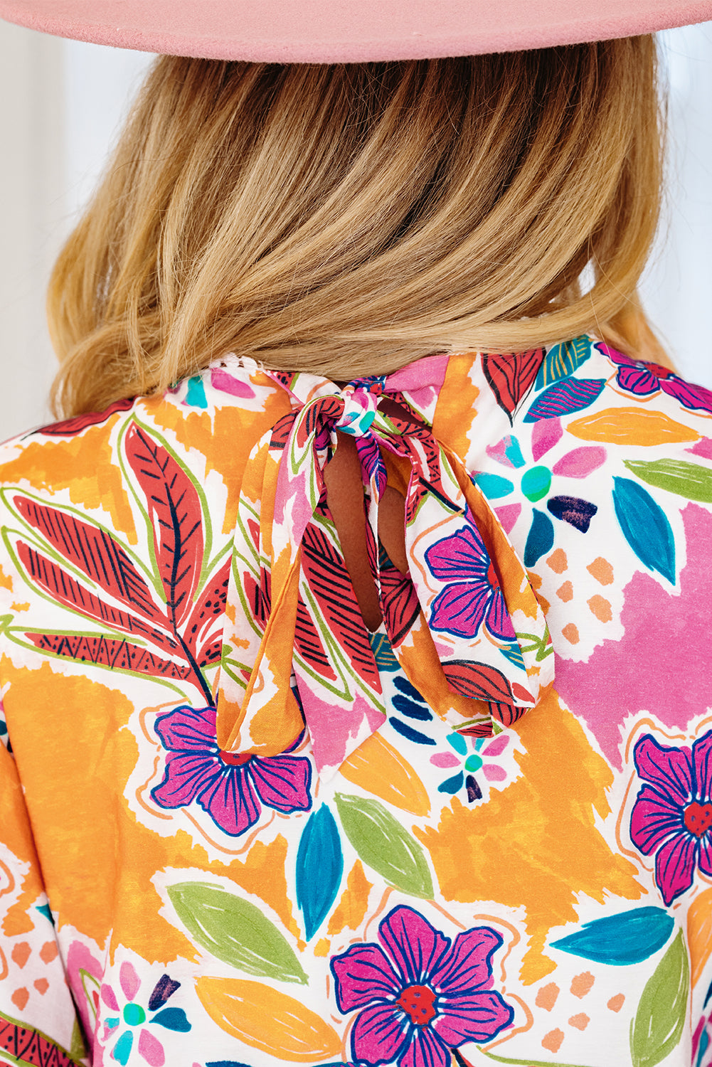 Floral-Print Lace Trimmed Tie Back Bell Sleeve Swing Mini Dress