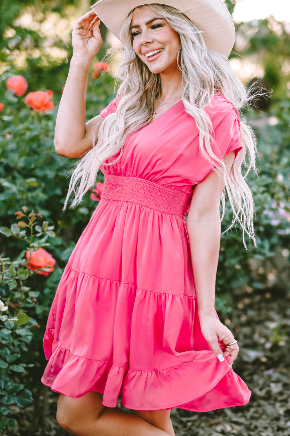 Women's Dress with Smock Waist Layered Ruffle-Trimmed