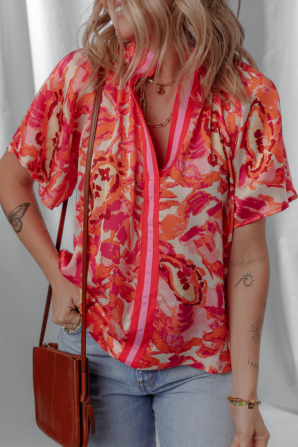 Striped Abstract Print Trim Split Neck Blouse