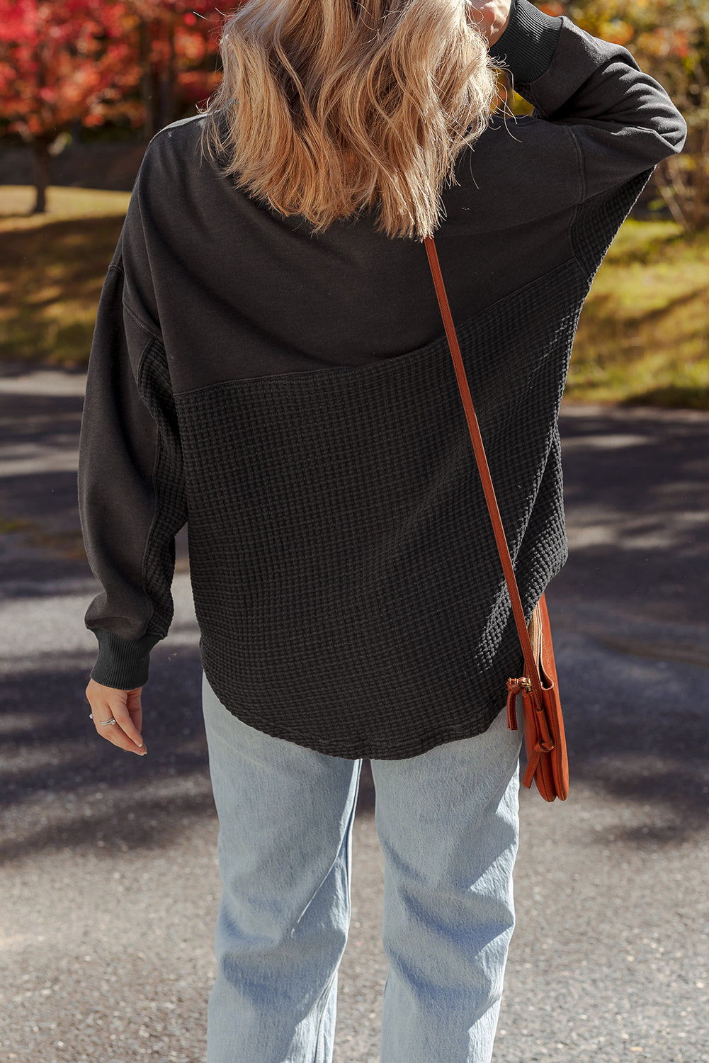 Waffle Half Knit Patchwork Zip Everyday Sweatshirt