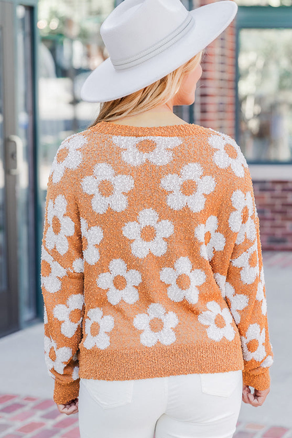 Sweater for Women Dropped-Shoulder Fuzzy Floral-Print Knitted