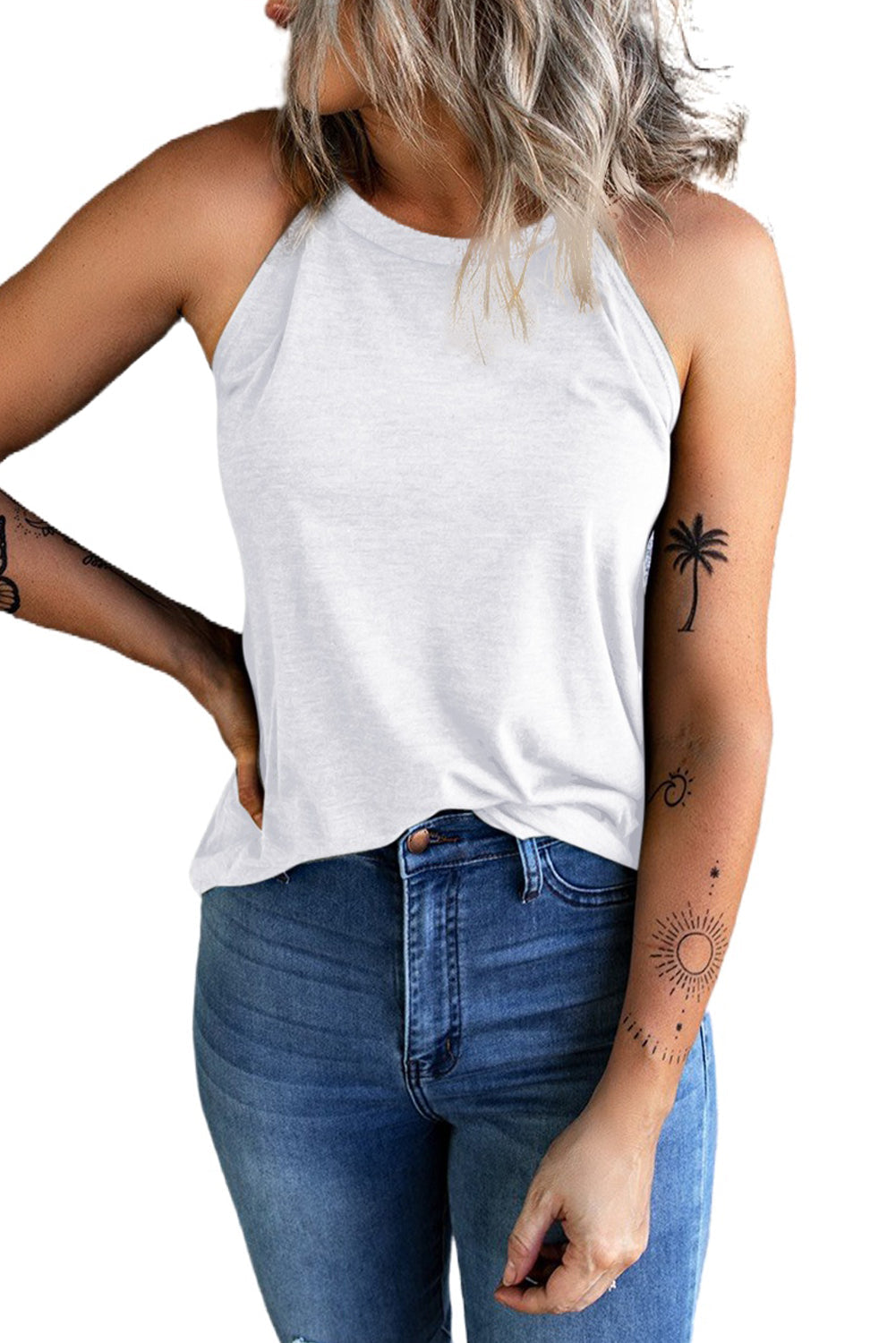 Women's Tank Top Featuring White Crew Neck