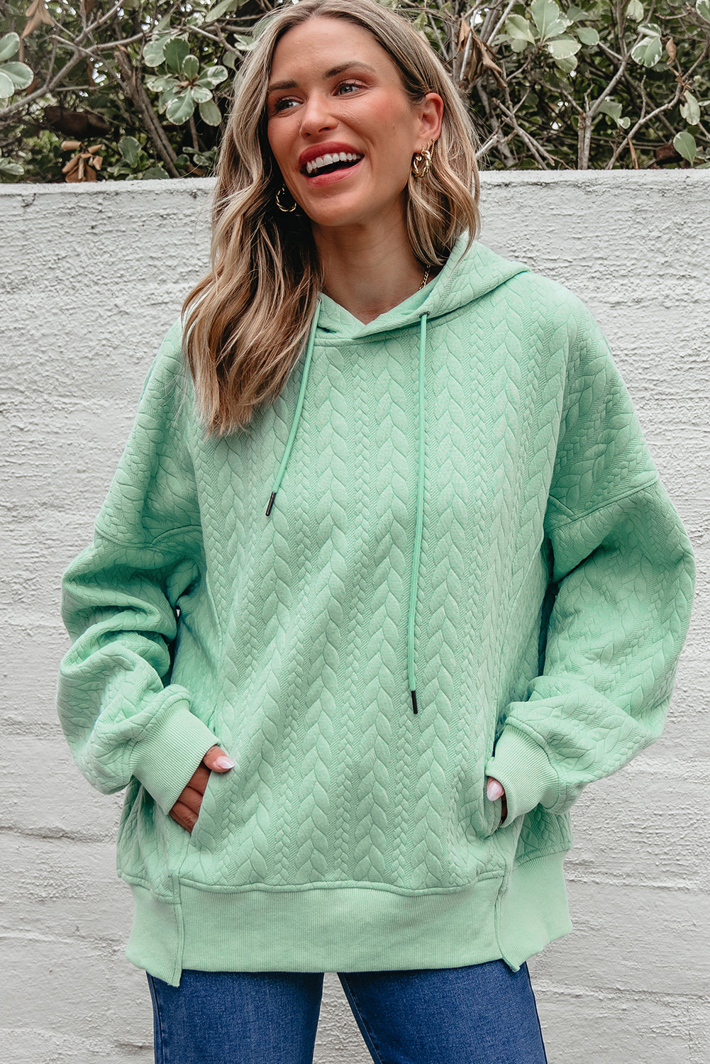 Cable Textured Baggy Solid Hoodie