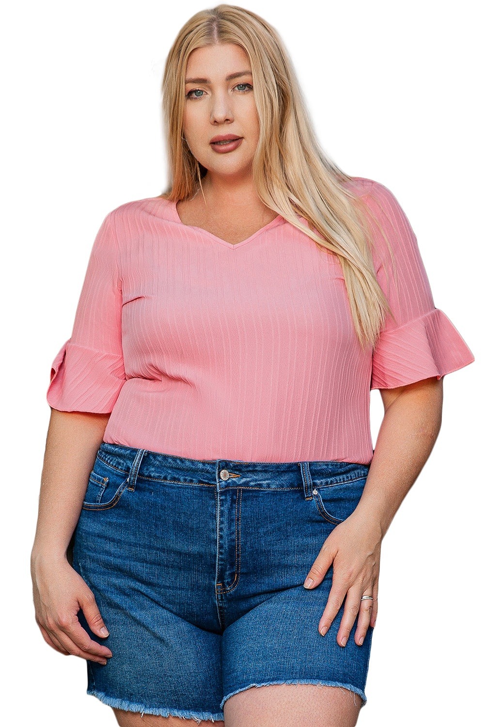 Women's Blouse Featuring Ruffle-Trimmed Half Sleeve Plus