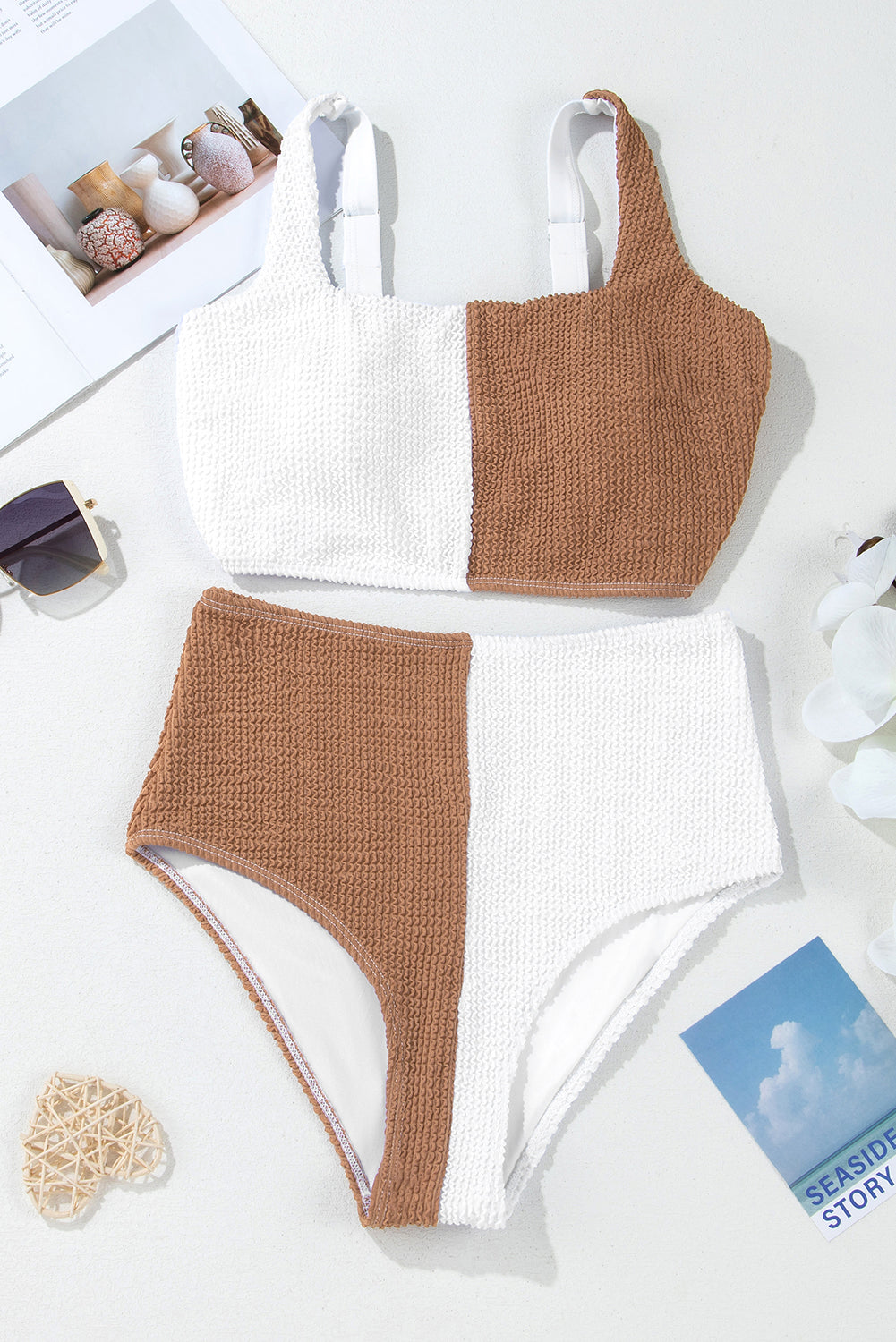 Corded Neck Colorblock Square Bikini Swimsuit in White