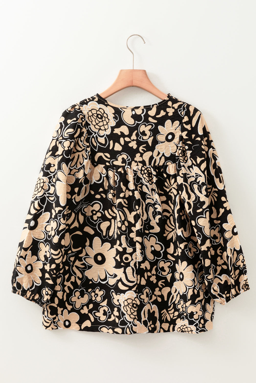 Floral Shirred Split Neck Boho Blouse