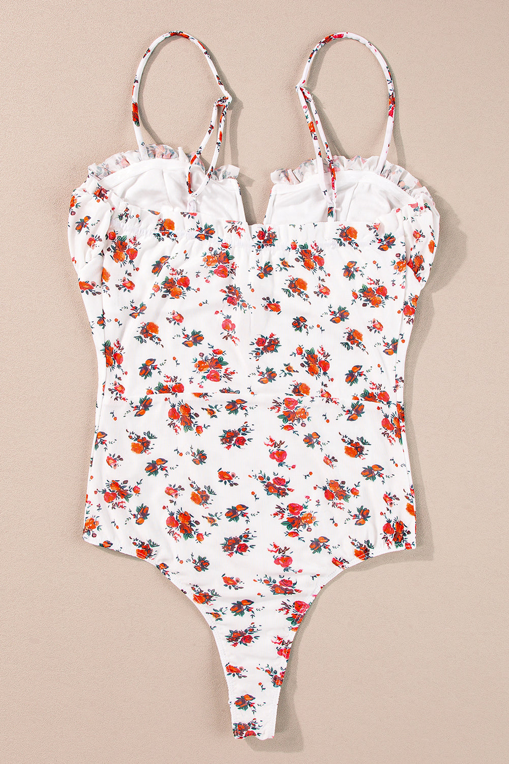 Women's Bodysuit Featuring Floral-Print V Cut Frill-Trimmed Trim Straps
