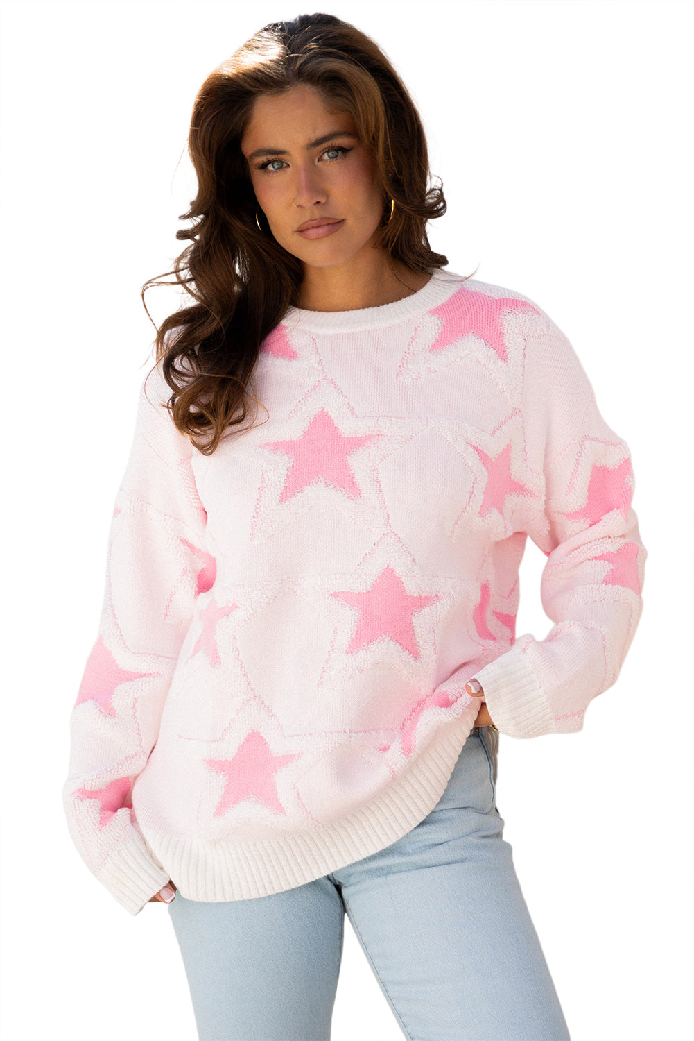 Roomy Cute Star Pattern Rib-Knit Edge Drop-Shoulder Knit Top