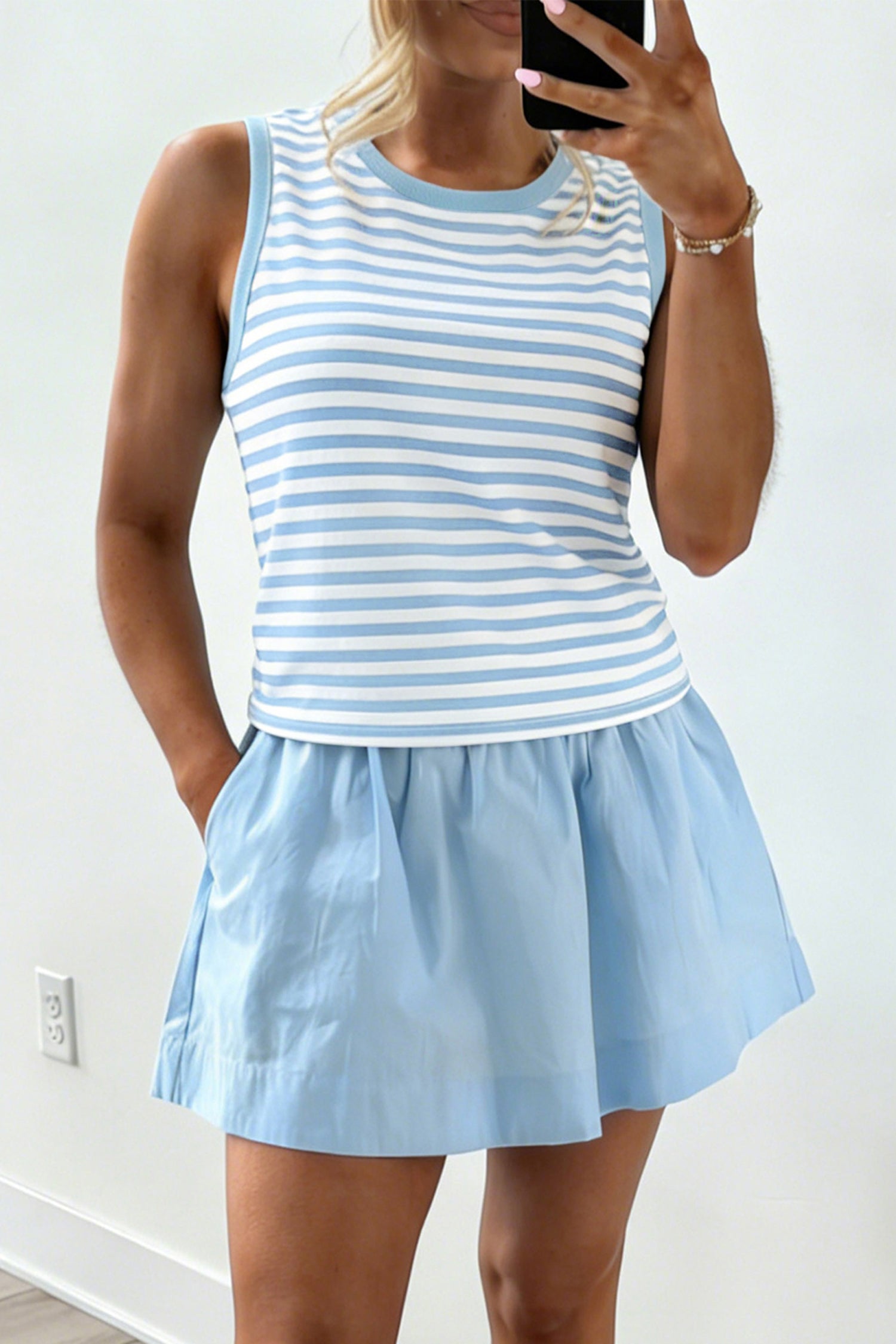 Cute Sky Blue Stripe Slim Tank Contrast Ruffle Mini Skort Set