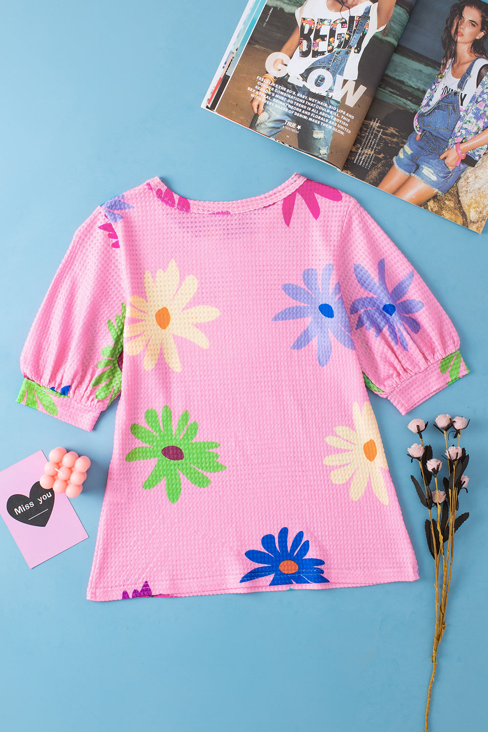 Women's Print Balloon Sleeve Floral-Print T Shirt