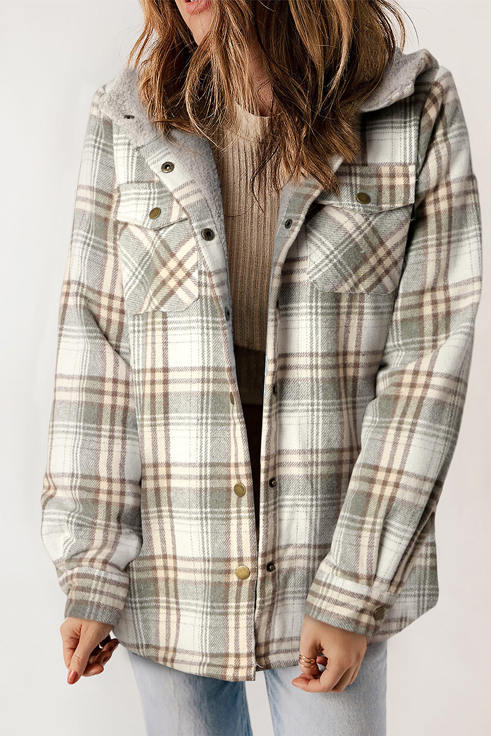 Women's Shacket with Lined Hooded Plaid Sherpa