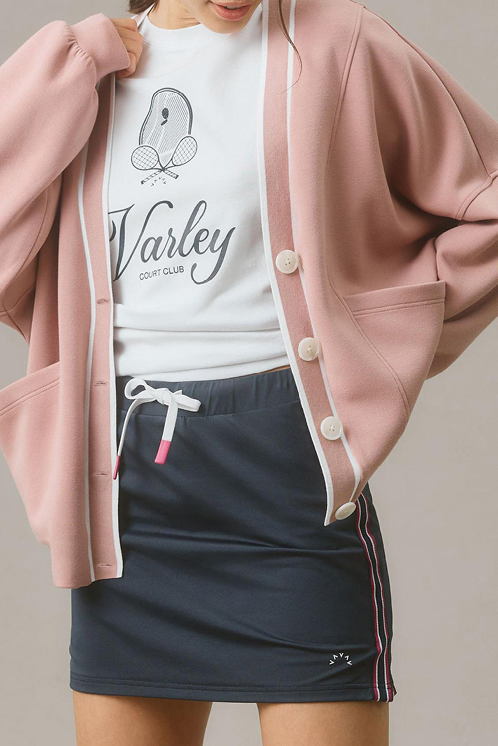 Stripe Contrast Trim Button-Front Pocket-Detail Knit Cardigan in Pink