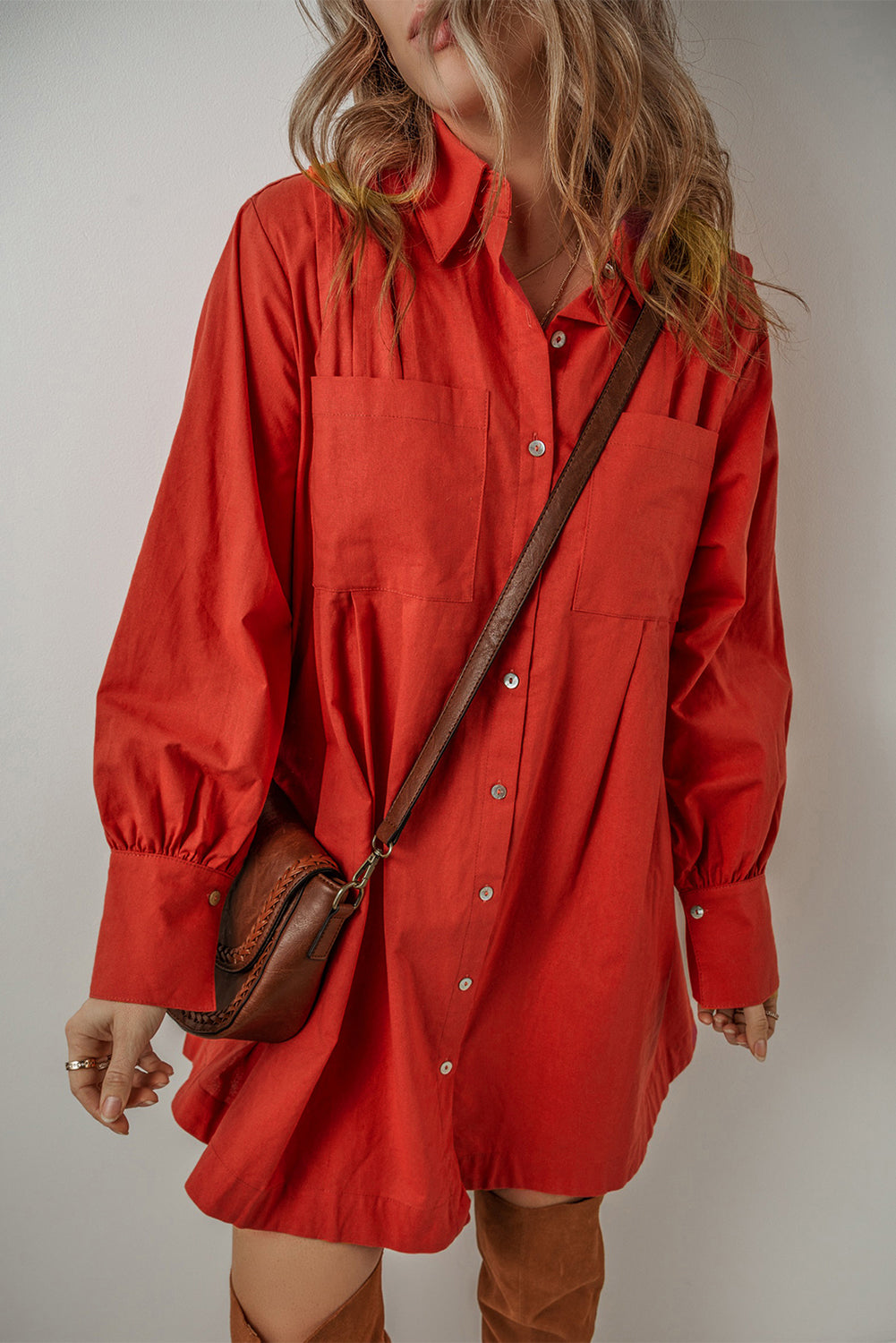 Women's Shirt Dress Featuring Bishop Sleeve Pleat-Detail Mini