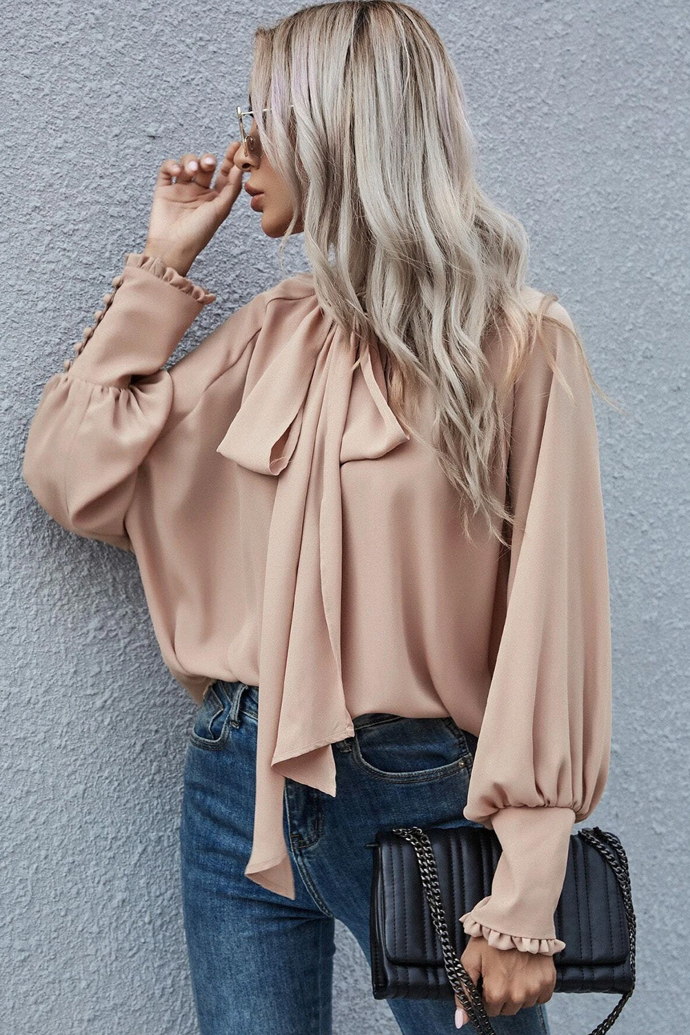 Blouse for Women Mock Neck Frill-Trimmed Knotted