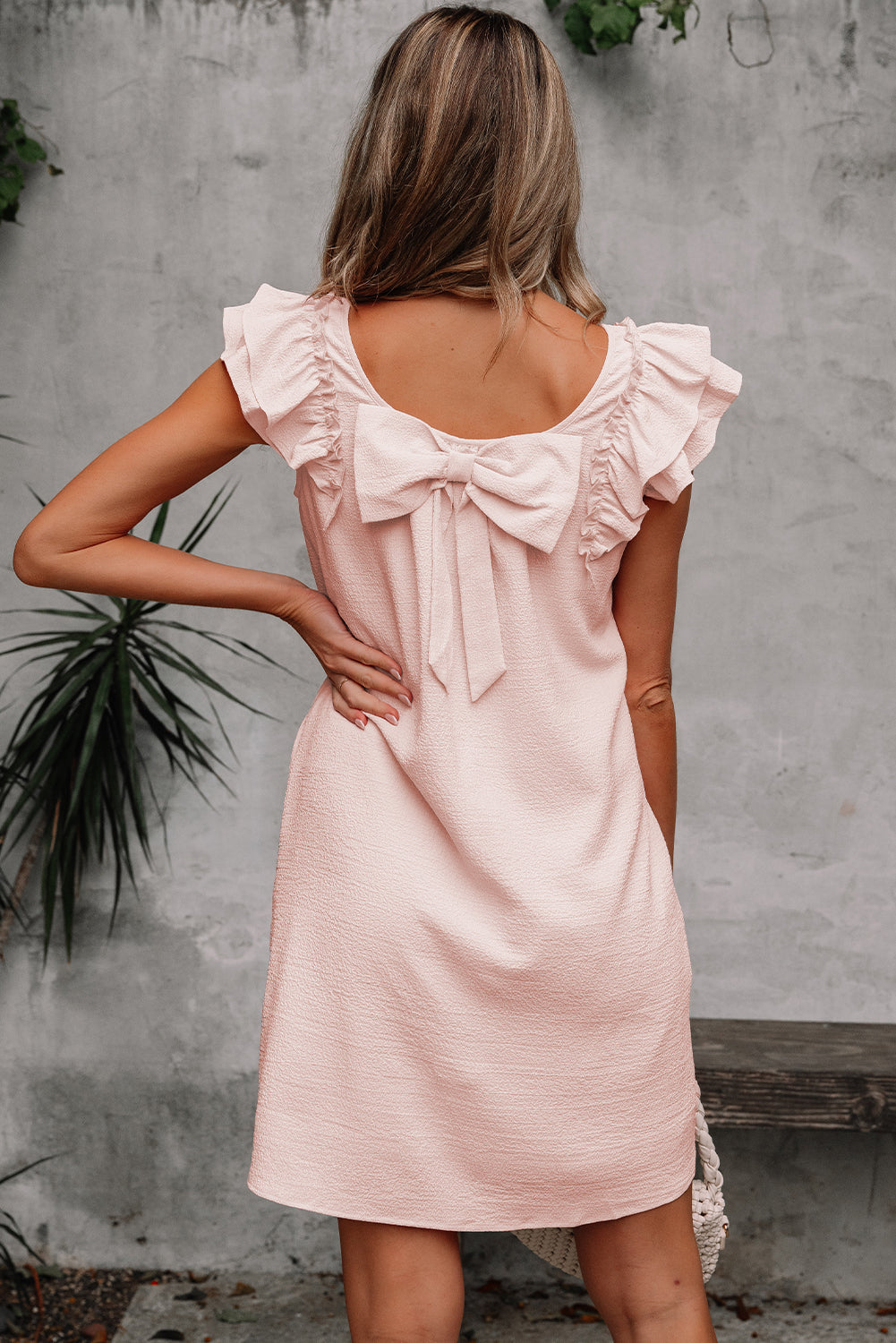 Flutter Sleeve Textured Sleeve Square Neck Bow Back Mini Dress