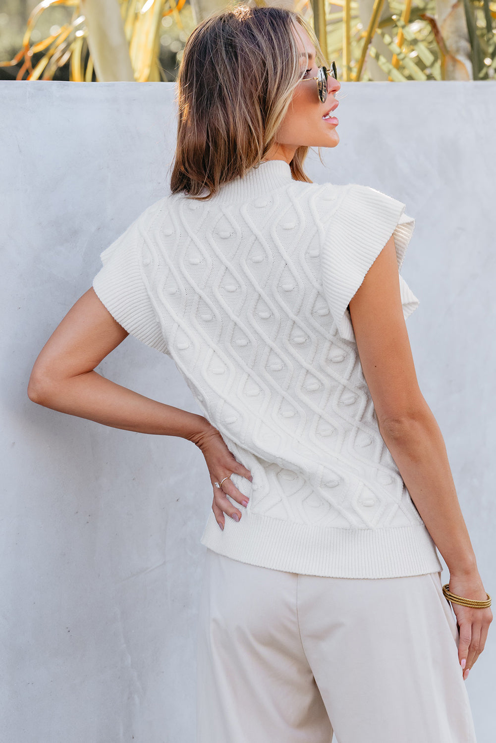 Women's Vest Featuring Textured Ruffle-Trimmed Mock Neck Knitted