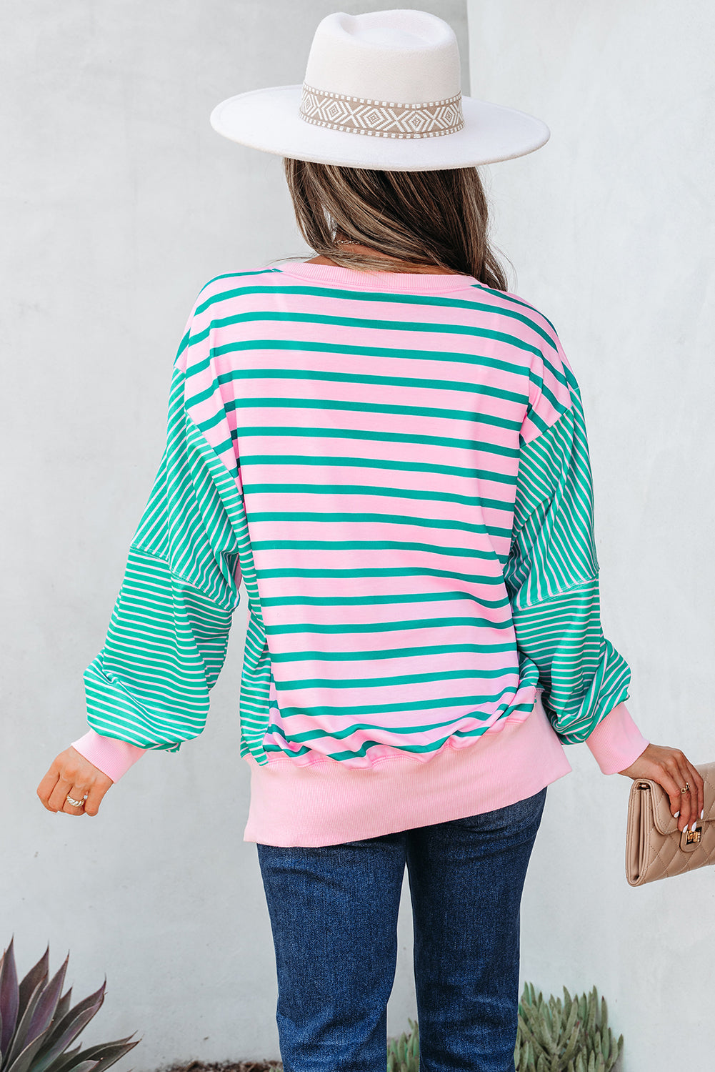 Colorblock Mix Pattern Patchwork Side Slit Baggy Sweatshirt