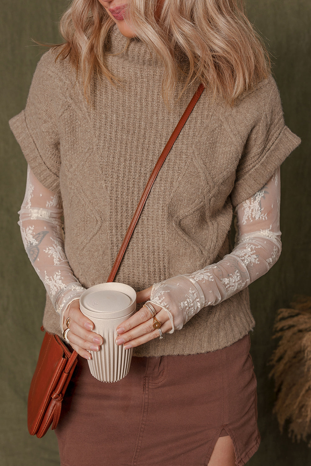 Knit High Textured High Neck Knit Top T Shirt in Smoke Gray