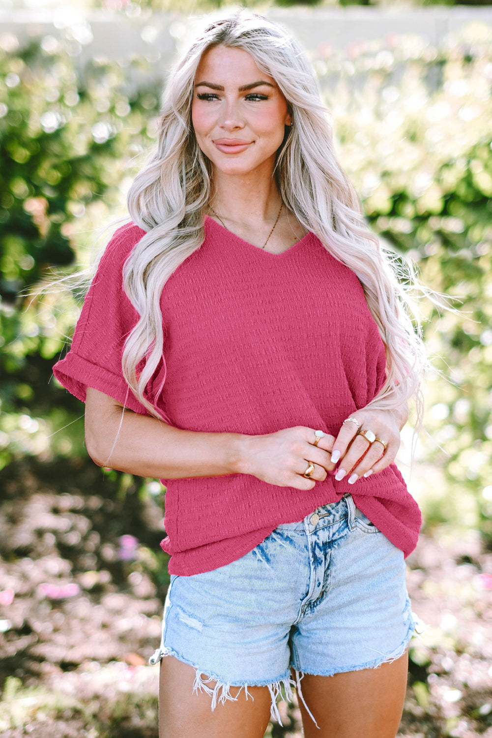 Women's Tee Featuring V Neck Textured Rolled Sleeve