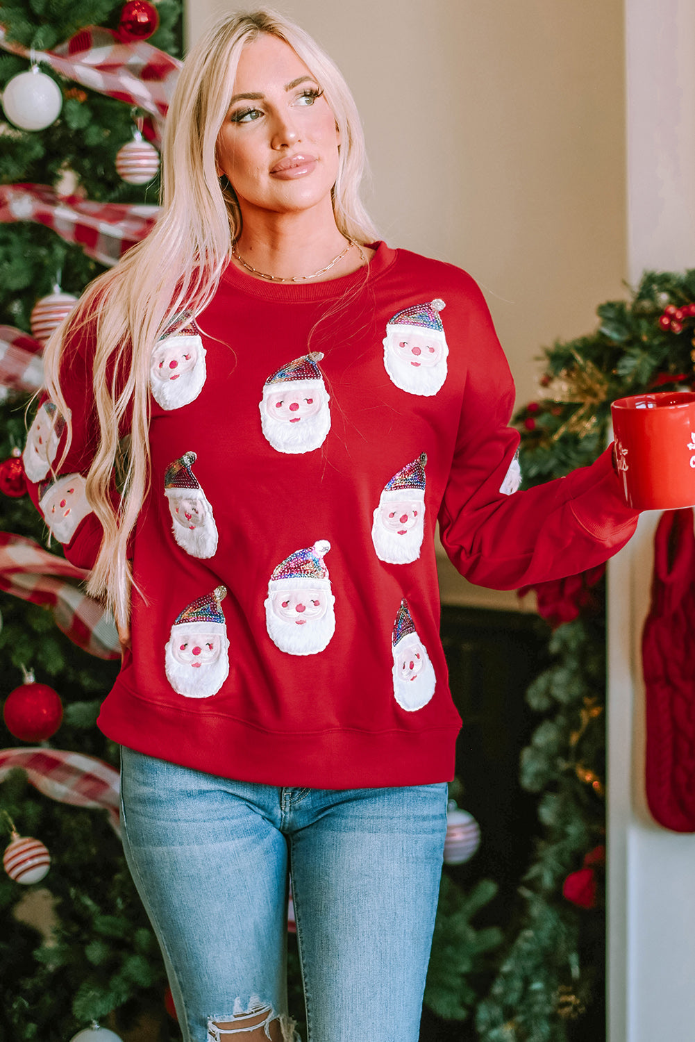 Graphic Sweatshirt for Women Fiery Red Sequined Clause