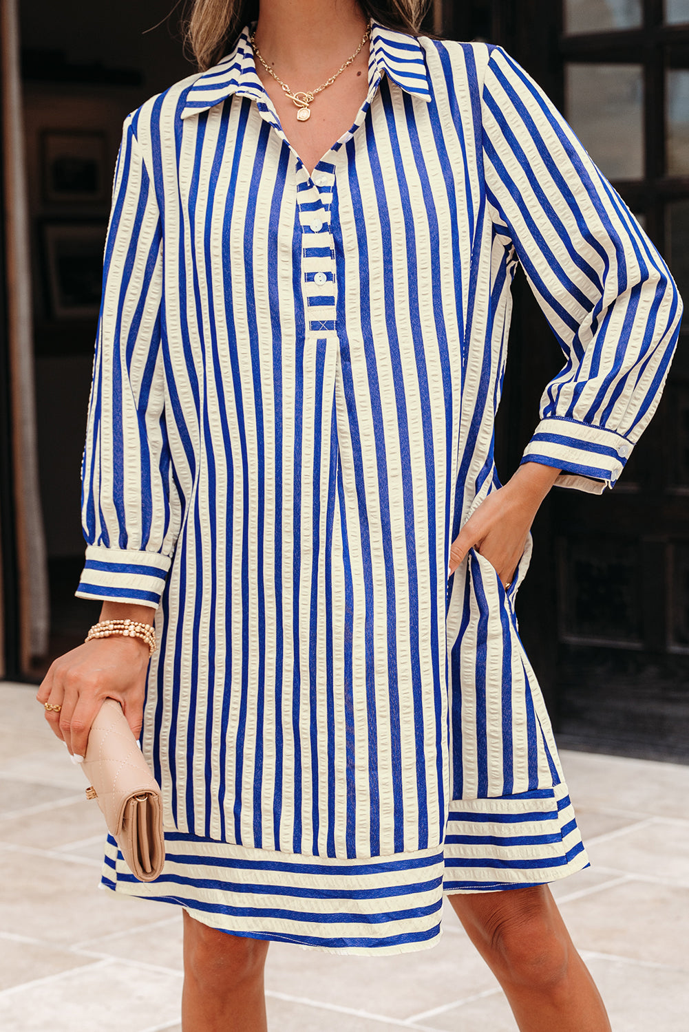 Button Collared Half Side Pockets Easy-Fit Fit Mini Dress