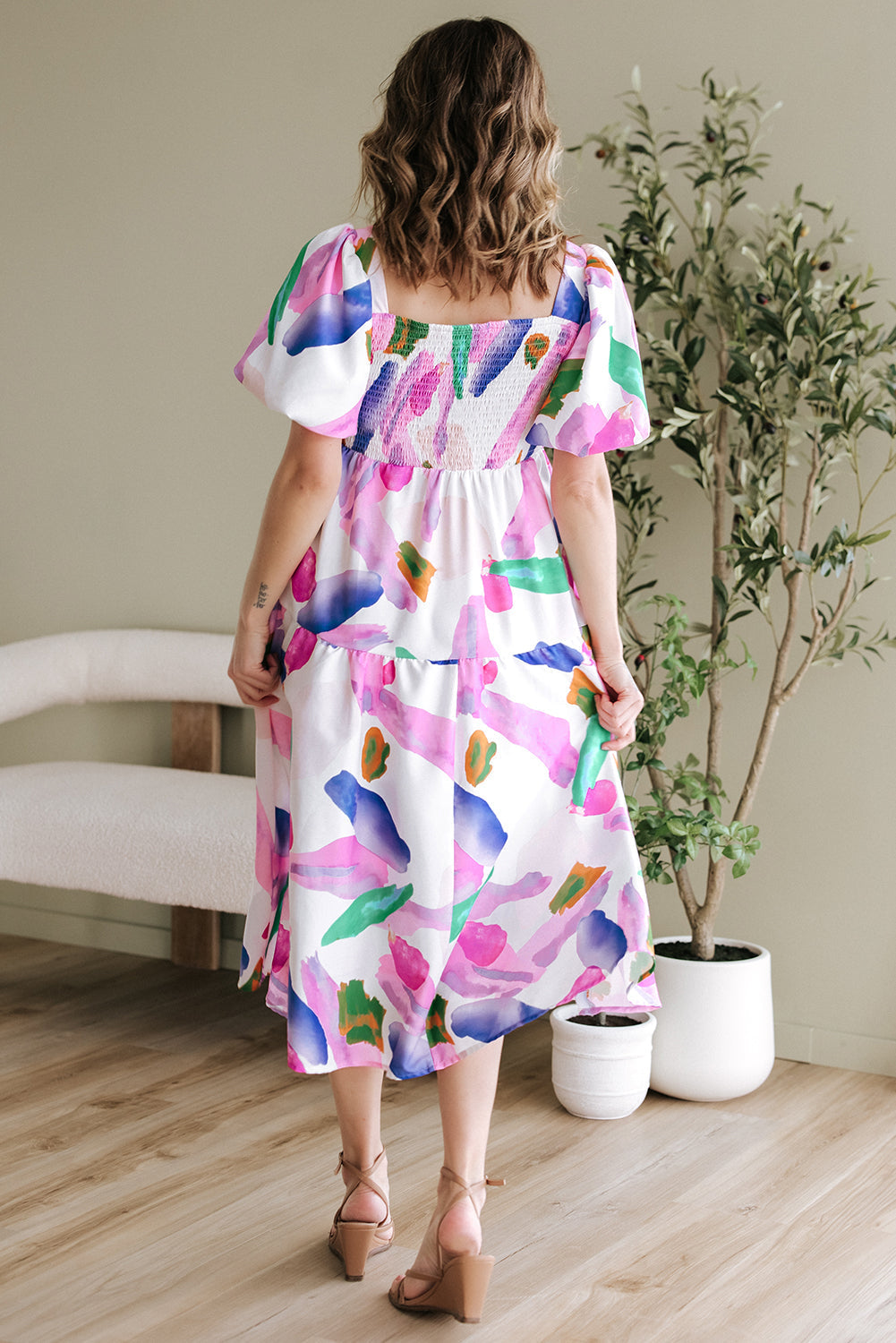 Purple Abstract Print Smocked Back Midi Dress