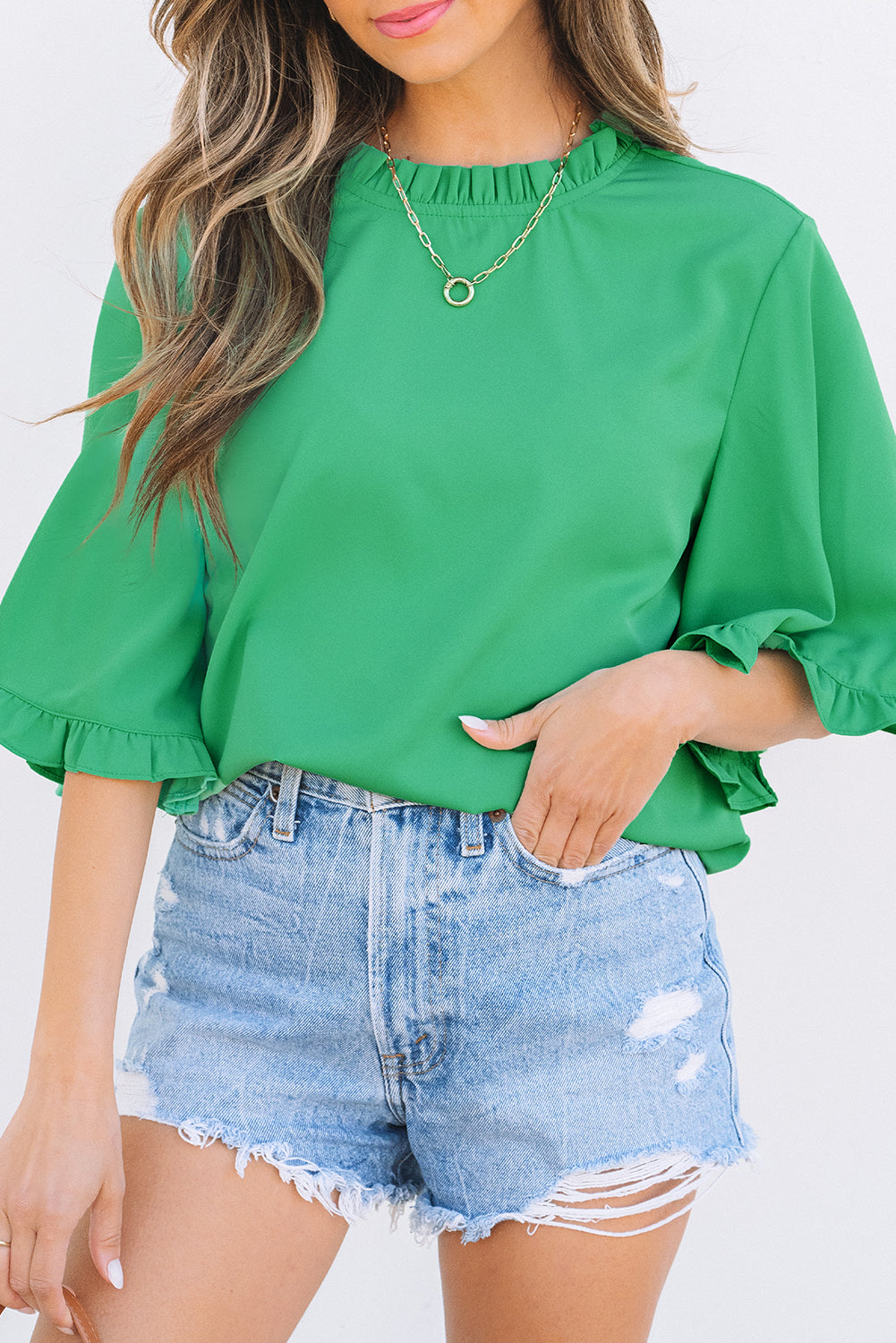 Wide Frilly Round-Neck Half Sleeve Blouse
