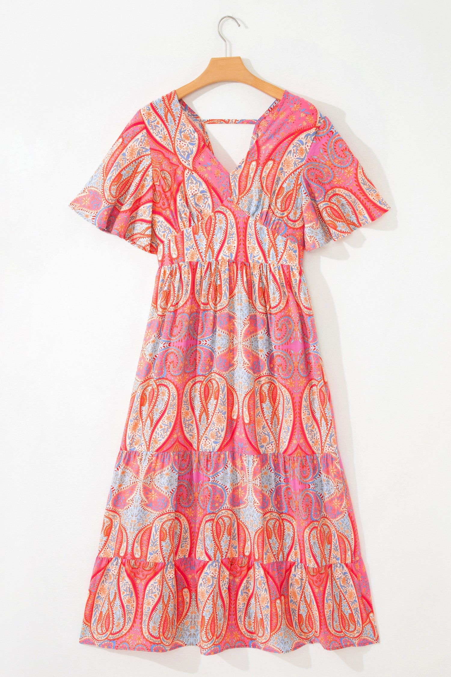 Polished Short-Sleeved Paisley Print Boho Maxi Dress with Ruffle Details